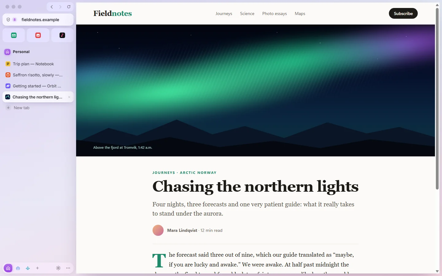 Luma with its sidebar: three workspaces, Essentials, tabs and an article open
